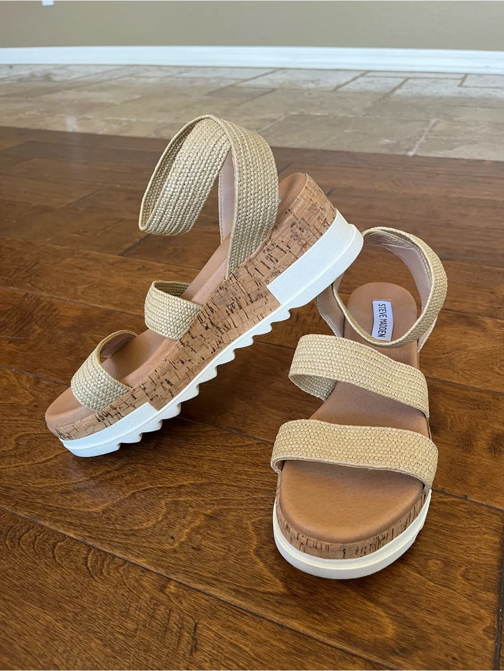 Steve Madden Tan Woven Cork Platform Sandals Size 10